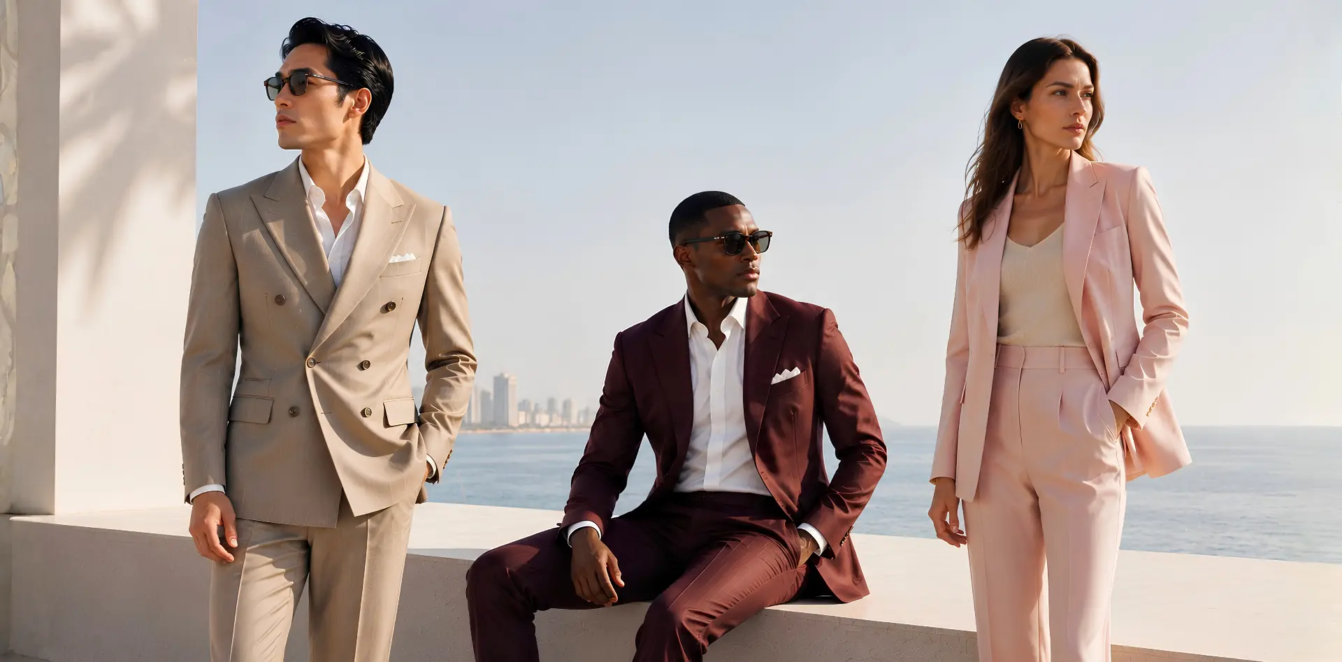 Three clients wearing made-to-measure suits by the sea