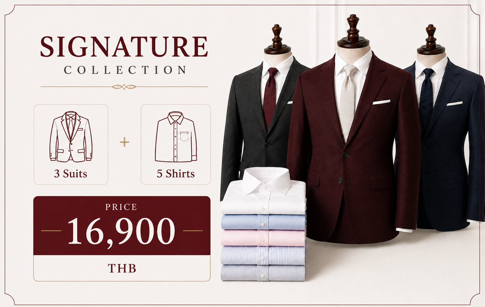 Signature Collection — 3 suits and 5 shirts, 16,900 THB