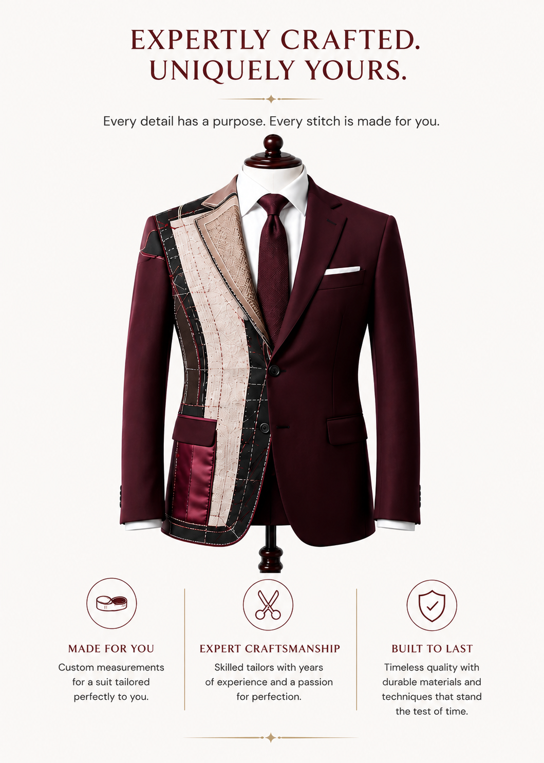 Bespoke suit construction — made for you, expert craftsmanship, built to last