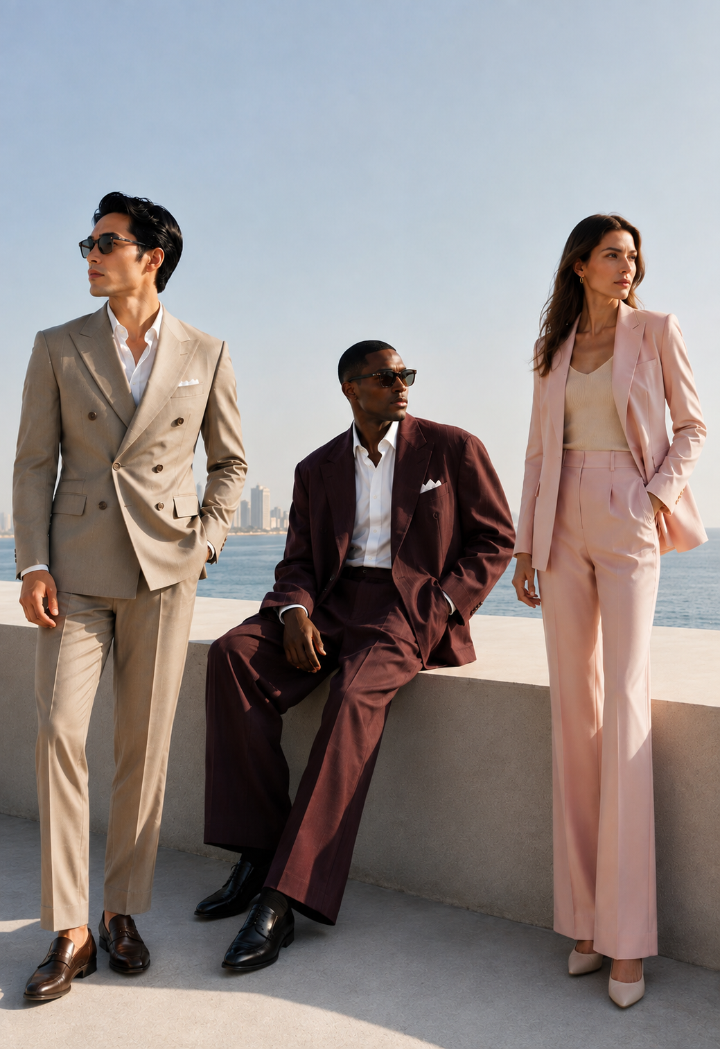 Three clients wearing made-to-measure suits by the sea
