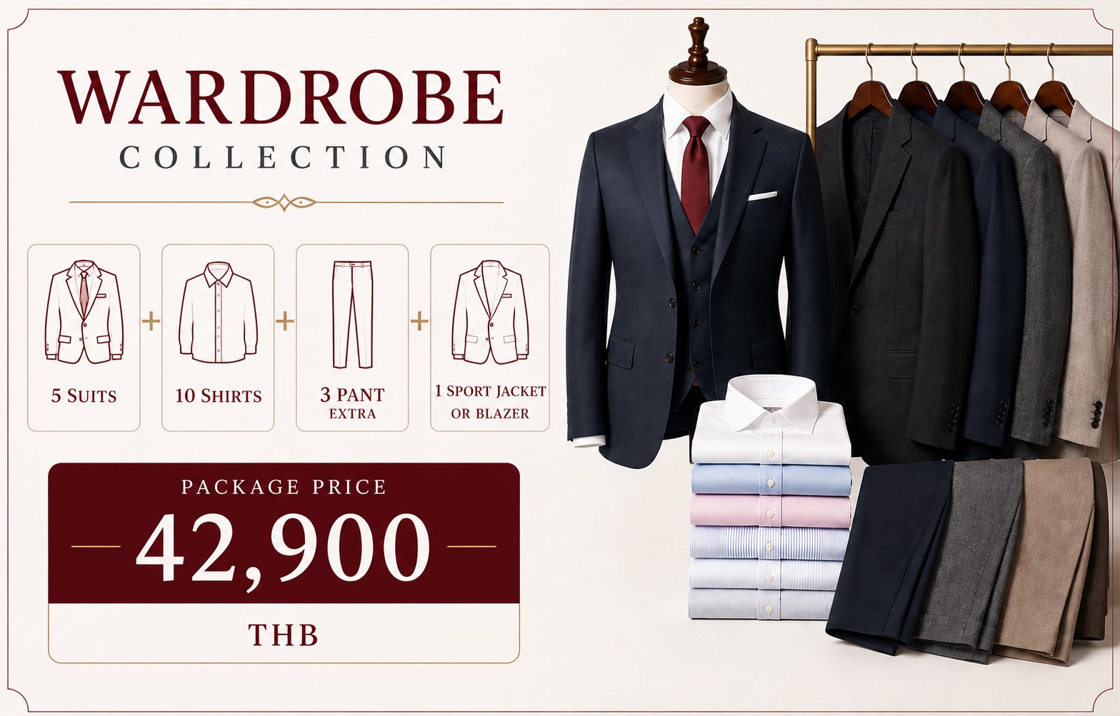 Wardrobe Collection — 5 suits, 10 shirts, 3 pants and 1 sport jacket, 42,900 THB