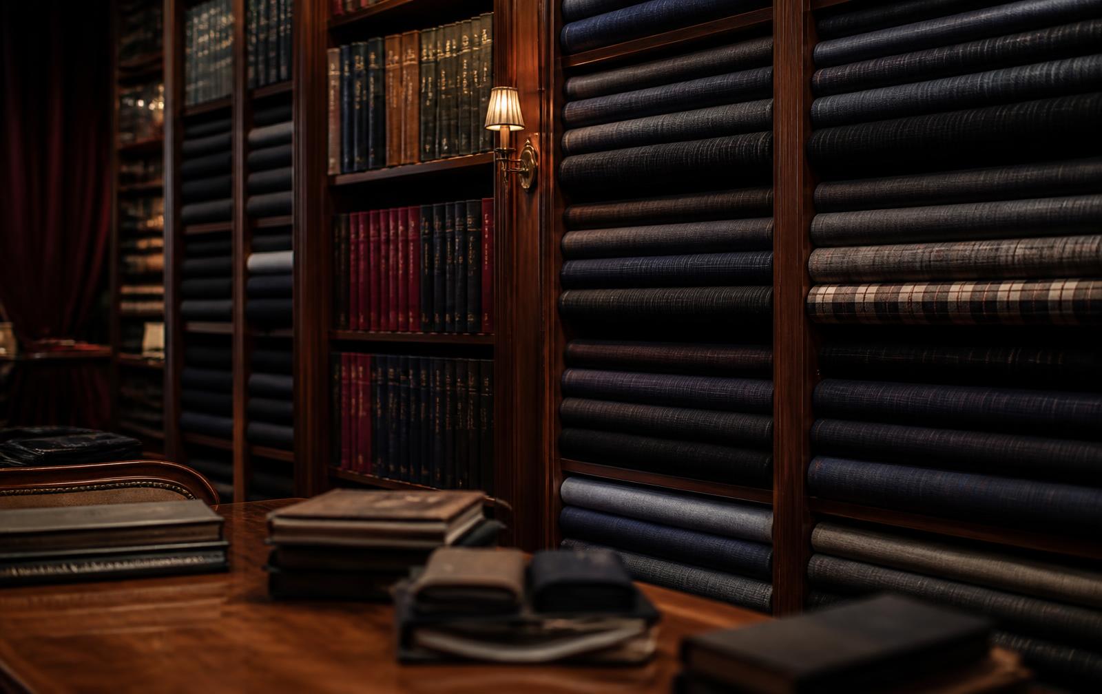 Shelves of fine suiting fabrics in the Manchester Tailor BKK fabric library