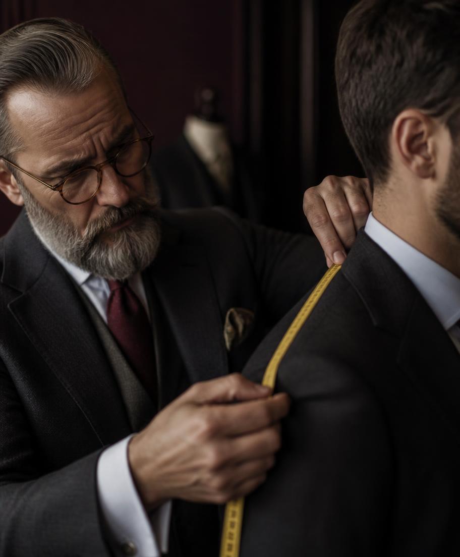 A master tailor taking a client's shoulder measurement