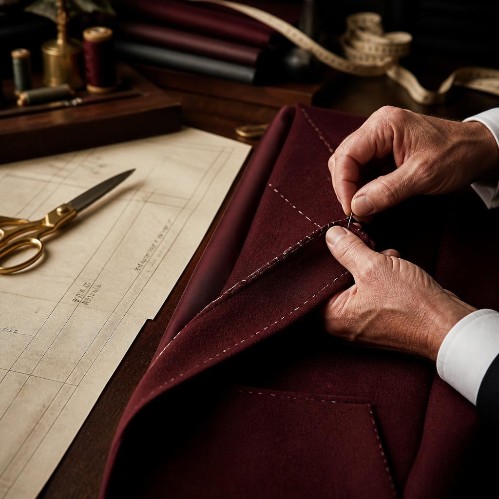 Master tailor hand stitching a bespoke suit lapel with golden scissors and pattern paper