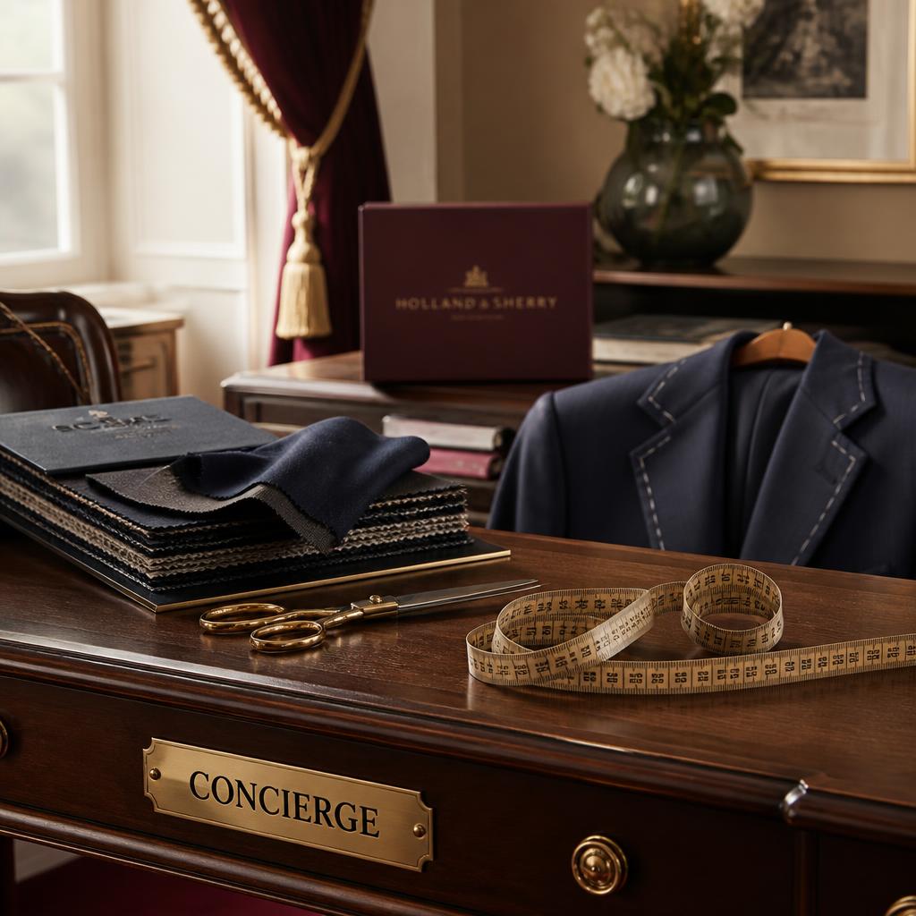 Concierge tailoring desk with fabric swatches, scissors and a measuring tape